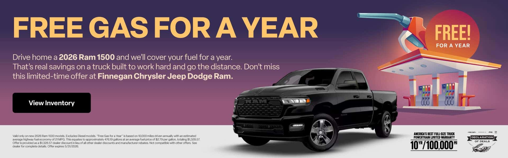 free gas for a year at Finnegan Chrysler Jeep Dodge 